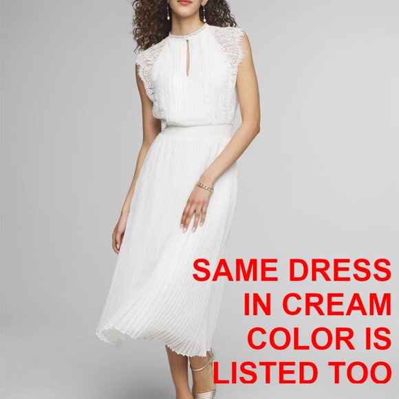 WHBM $200 Cap Sleeve Lace Detail Pleated Midi Dress Black 8 12 - Picture 4 of 11